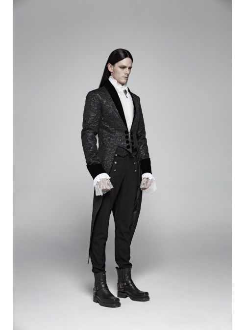 Black Jacquard Stand-Up Collar Front Button Back Waist Lace-Up Swallow Tail Hem Black Gothic Coat
