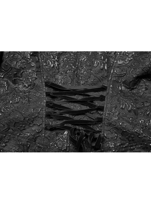 Black Jacquard Stand-Up Collar Front Button Back Waist Lace-Up Swallow Tail Hem Black Gothic Coat