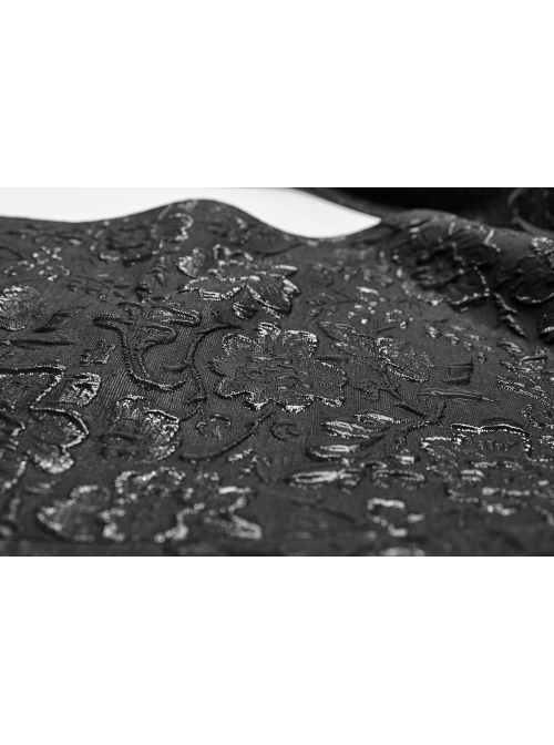 Black Jacquard Stand-Up Collar Front Button Back Waist Lace-Up Swallow Tail Hem Black Gothic Coat