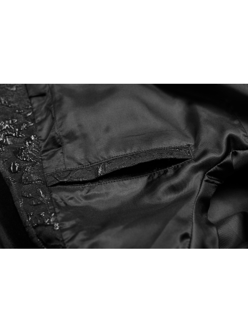 Black Jacquard Stand-Up Collar Front Button Back Waist Lace-Up Swallow Tail Hem Black Gothic Coat