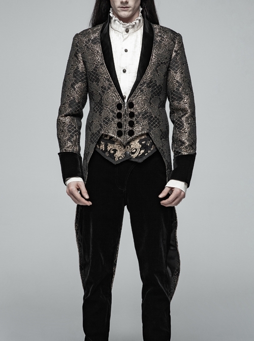 Brown Jacquard Stand-Up Collar Front Button Back Waist Lace-Up Swallow Tail Hem Black Gothic Coat
