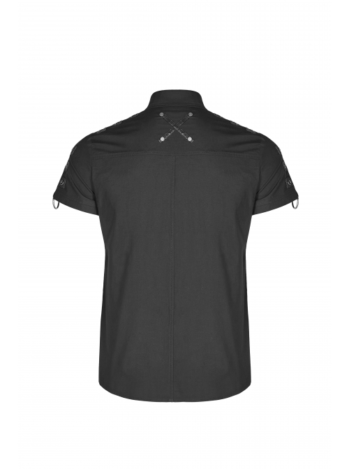 Metal Button Shoulder Metal Eyelets Leather Loop Black Punk Short Sleeve Shirt
