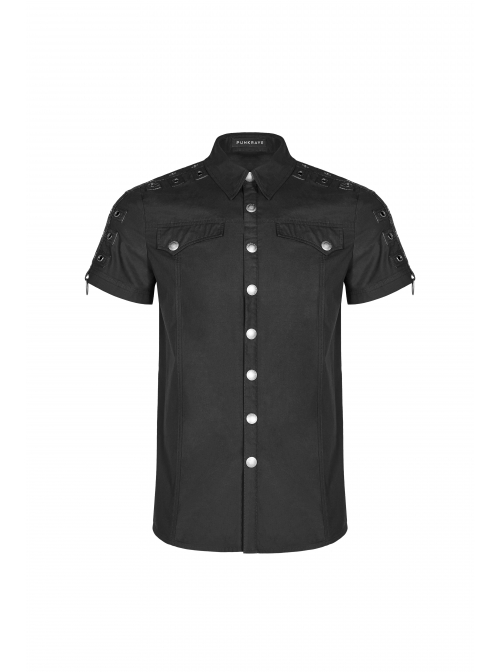 Metal Button Shoulder Metal Eyelets Leather Loop Black Punk Short Sleeve Shirt