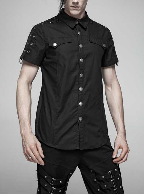 Metal Button Shoulder Metal Eyelets Leather Loop Black Punk Short Sleeve Shirt