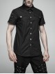 Metal Button Shoulder Metal Eyelets Leather Loop Black Punk Short Sleeve Shirt