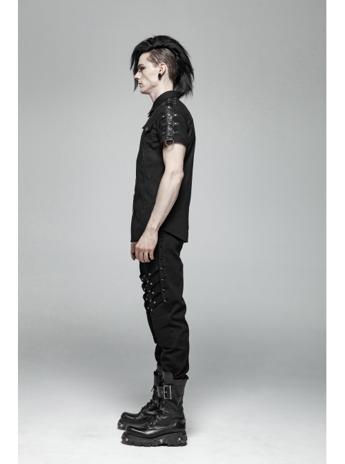 Metal Button Shoulder Metal Eyelets Leather Loop Black Punk Short Sleeve Shirt
