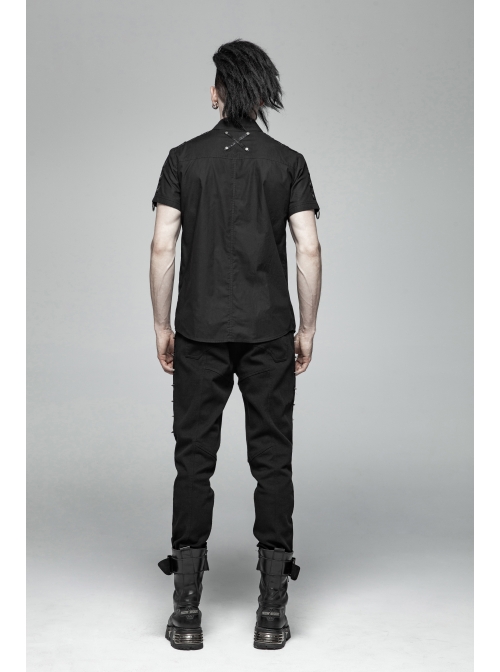 Metal Button Shoulder Metal Eyelets Leather Loop Black Punk Short Sleeve Shirt