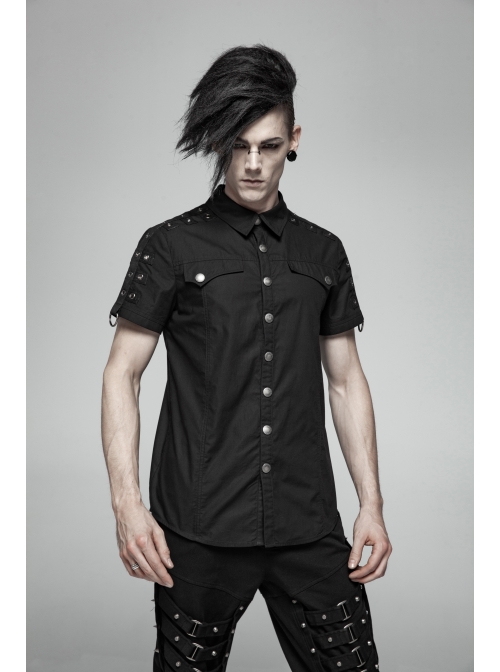 Metal Button Shoulder Metal Eyelets Leather Loop Black Punk Short Sleeve Shirt