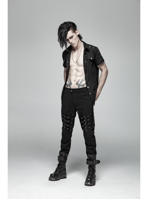 Metal Button Shoulder Metal Eyelets Leather Loop Black Punk Short Sleeve Shirt