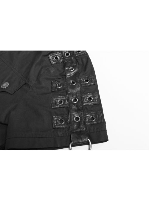 Metal Button Shoulder Metal Eyelets Leather Loop Black Punk Short Sleeve Shirt