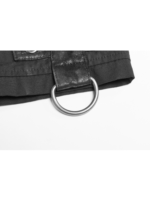 Metal Button Shoulder Metal Eyelets Leather Loop Black Punk Short Sleeve Shirt