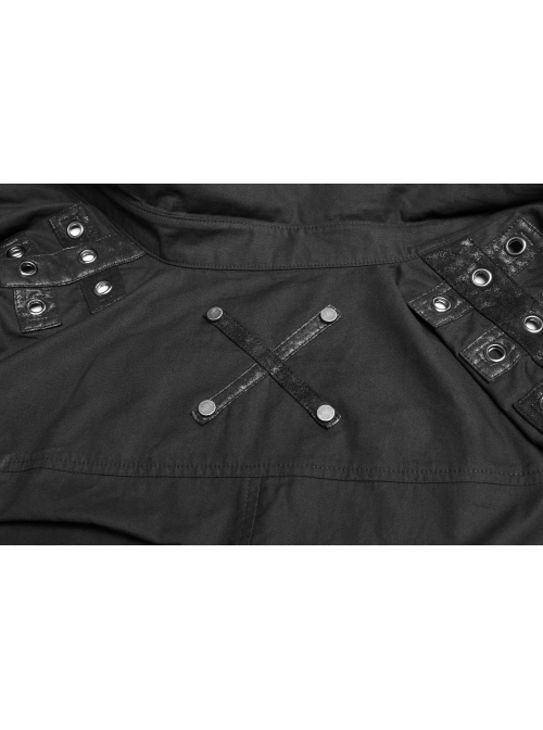 Metal Button Shoulder Metal Eyelets Leather Loop Black Punk Short Sleeve Shirt