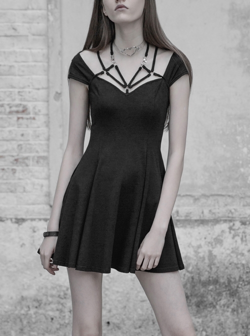 Gothic Female Elastic V-neck Strap Binding High Waist Dress