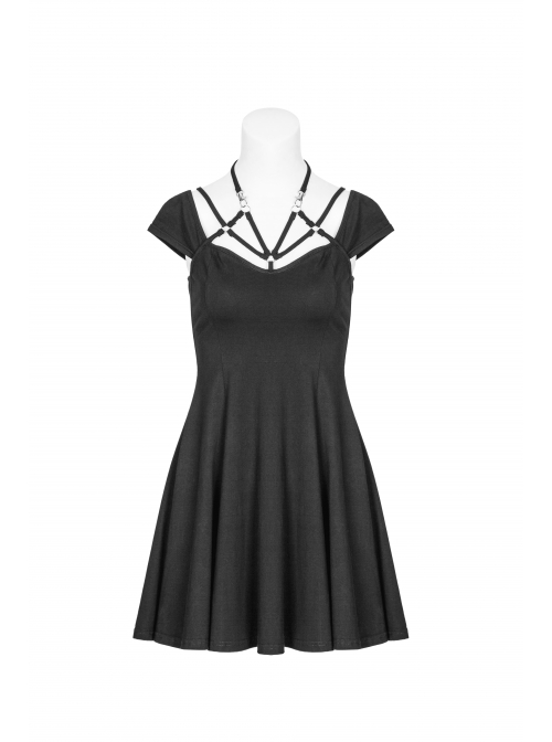 Gothic Female Elastic V-neck Strap Binding High Waist Dress