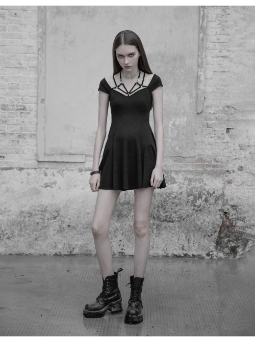 Gothic Female Elastic V-neck Strap Binding High Waist Dress