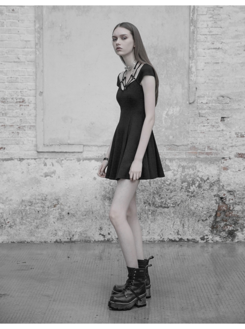 Gothic Female Elastic V-neck Strap Binding High Waist Dress
