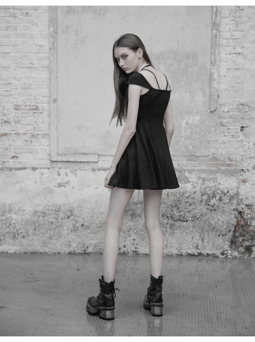 Gothic Female Elastic V-neck Strap Binding High Waist Dress
