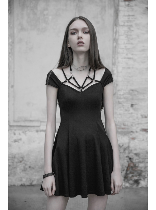 Gothic Female Elastic V-neck Strap Binding High Waist Dress