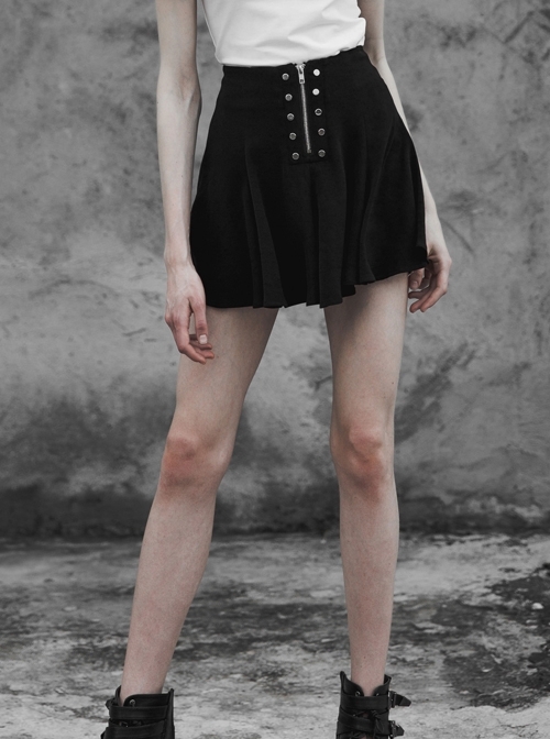 Steam Punk Female Chiffon Metal Zipper Button Pleated Skirt