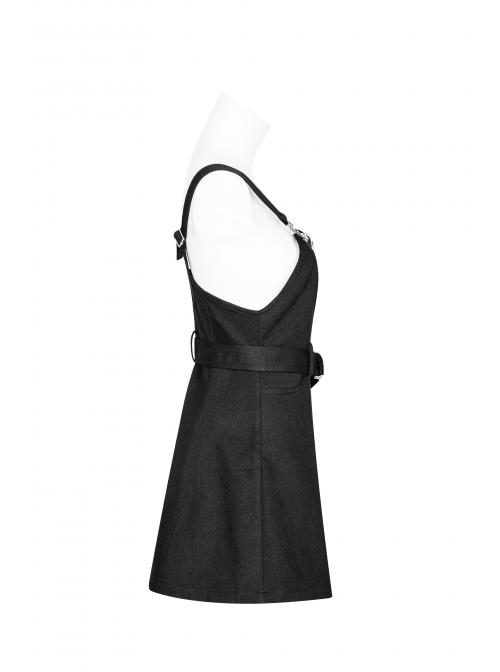 Steam Punk Female Black High Waist Metal Zipper Strap Dress