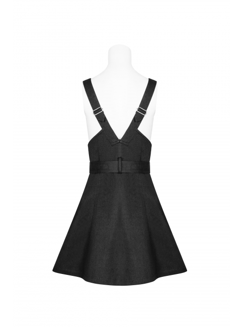 Steam Punk Female Black High Waist Metal Zipper Strap Dress