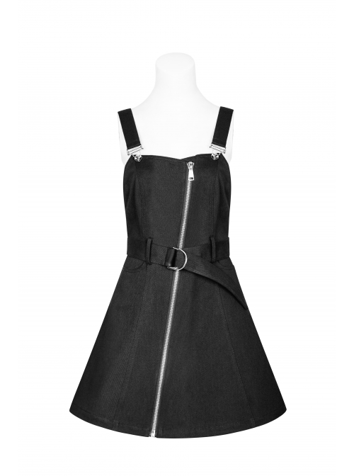 Steam Punk Female Black High Waist Metal Zipper Strap Dress