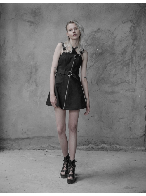 Steam Punk Female Black High Waist Metal Zipper Strap Dress