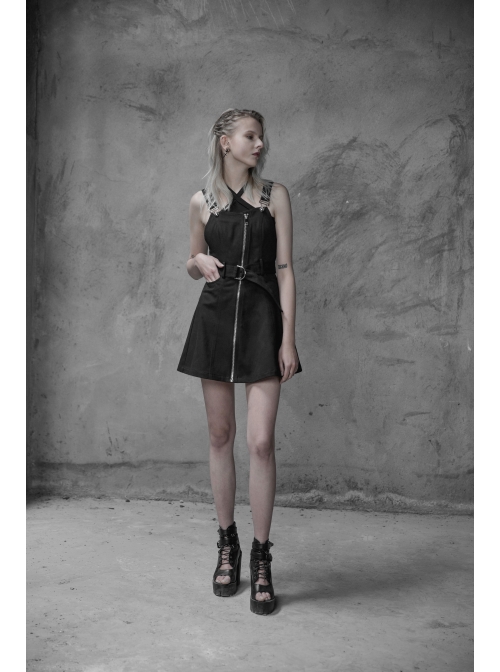Steam Punk Female Black High Waist Metal Zipper Strap Dress