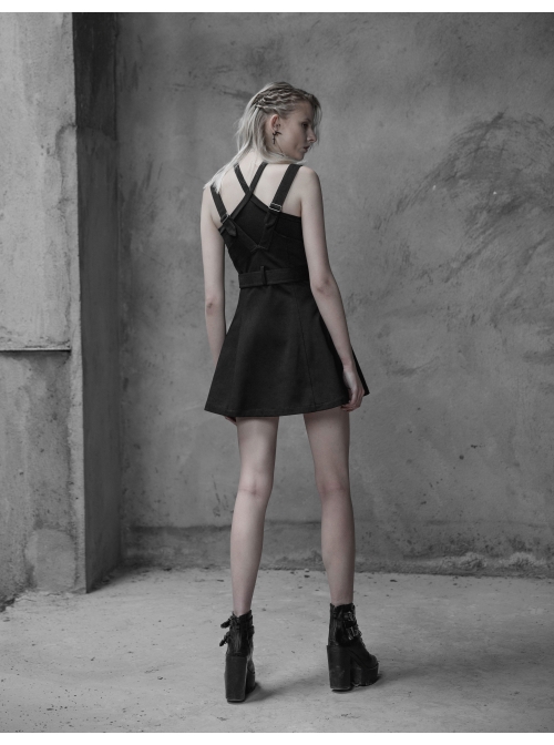 Steam Punk Female Black High Waist Metal Zipper Strap Dress