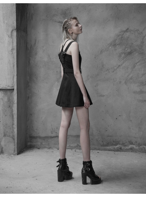 Steam Punk Female Black High Waist Metal Zipper Strap Dress