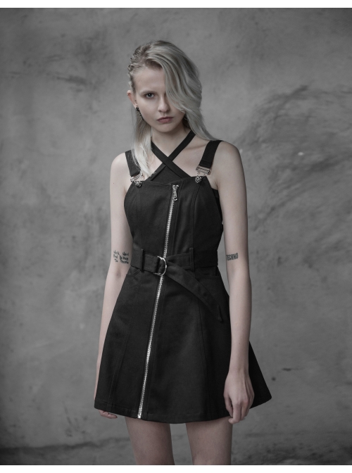 Steam Punk Female Black High Waist Metal Zipper Strap Dress