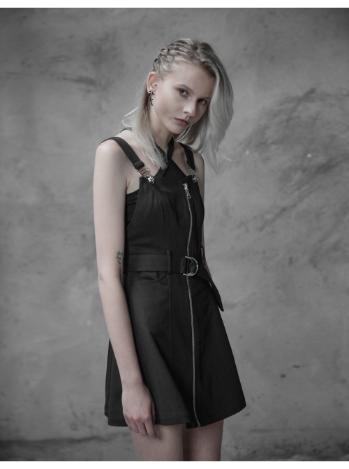 Steam Punk Female Black High Waist Metal Zipper Strap Dress
