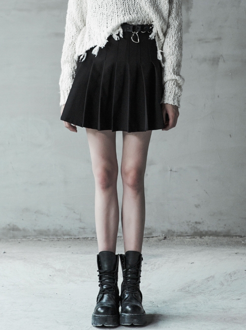 Steam Punk Female Casual Black Metal Buckle Pleated Skirt