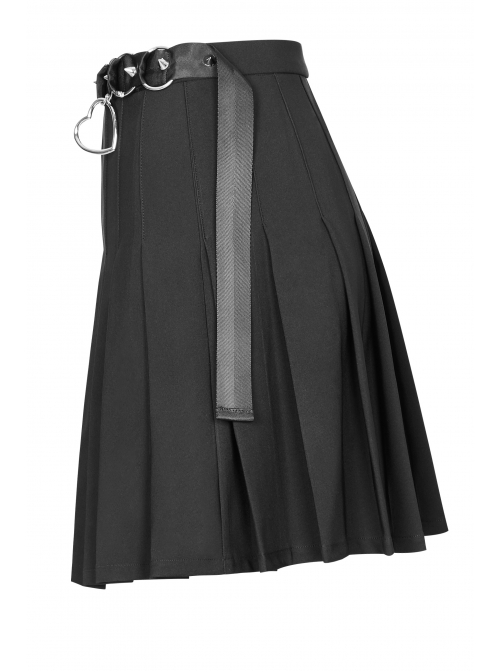 Steam Punk Female Casual Black Metal Buckle Pleated Skirt