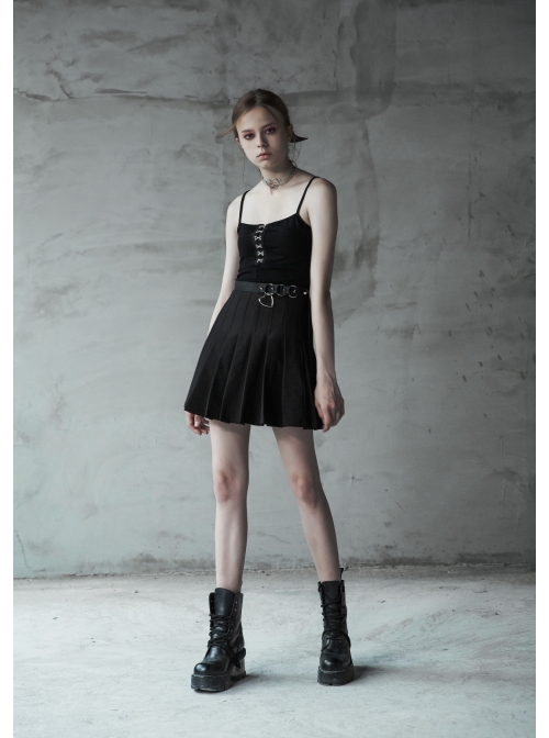 Steam Punk Female Casual Black Metal Buckle Pleated Skirt