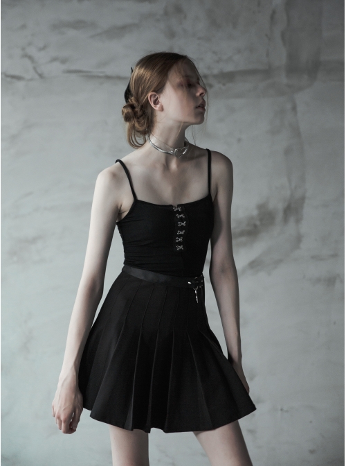 Steam Punk Female Casual Black Metal Buckle Pleated Skirt