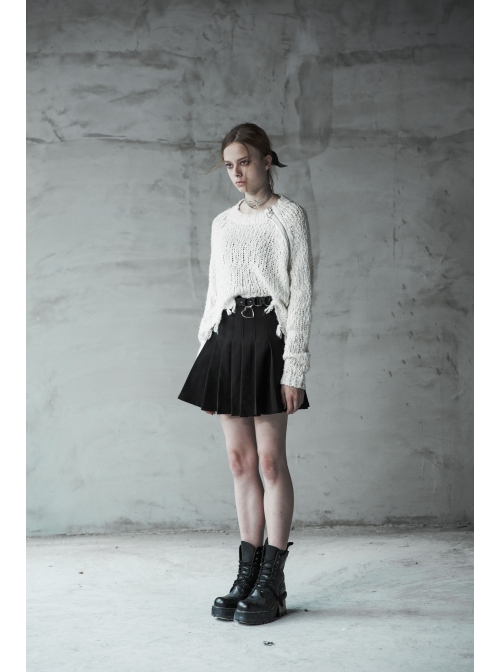 Steam Punk Female Casual Black Metal Buckle Pleated Skirt