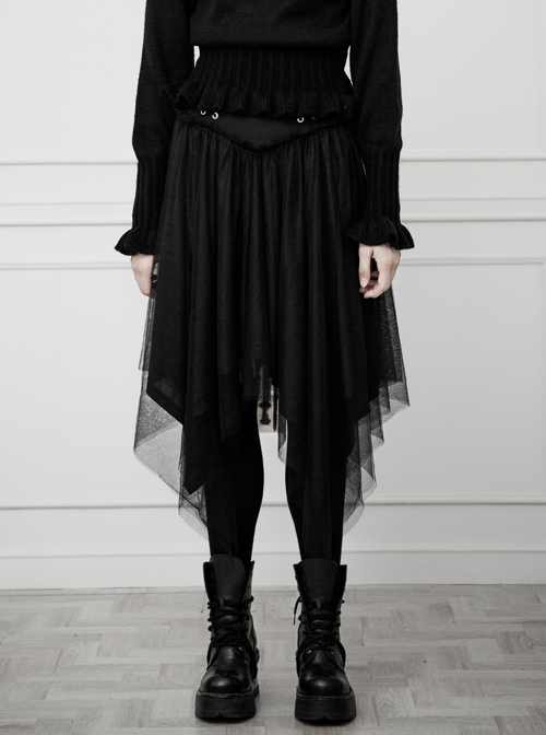 Gothic Female Black Binding V-shaped Waistband Mesh Skirt