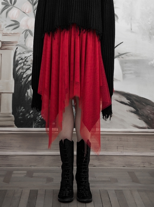 Gothic Female Red Binding V-shaped Waistband Mesh Skirt
