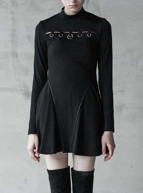 Steam Punk Female Casual Skinny High Collar Ring Decorated Knitted Dress