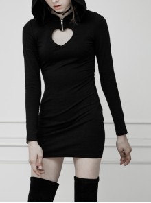 Gothic Female Black Elastic Heart Hollow Skinny Hooded Dress