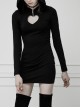 Gothic Female Black Elastic Heart Hollow Skinny Hooded Dress