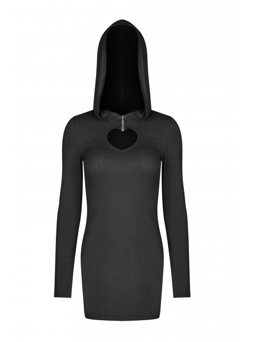 Gothic Female Black Elastic Heart Hollow Skinny Hooded Dress