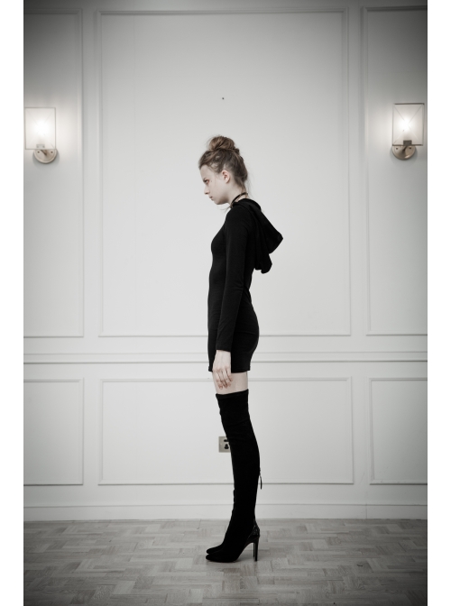 Gothic Female Black Elastic Heart Hollow Skinny Hooded Dress