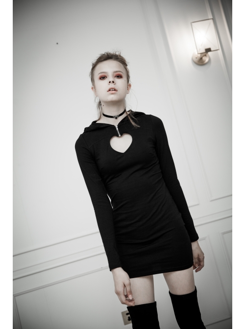 Gothic Female Black Elastic Heart Hollow Skinny Hooded Dress