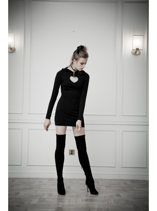 Gothic Female Black Elastic Heart Hollow Skinny Hooded Dress