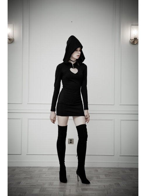 gothic black hooded dress Gothic Hooded Witch Maxidress Halloween Priestess Dress  Punk Design