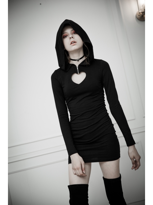 Gothic Female Black Elastic Heart Hollow Skinny Hooded Dress