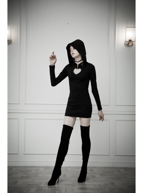 Gothic Female Black Elastic Heart Hollow Skinny Hooded Dress