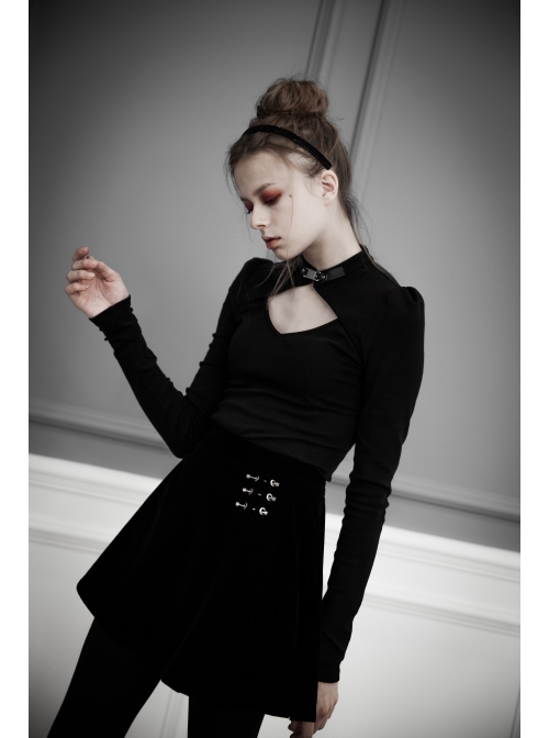 Steam Punk Female Casual Black Metal Decorated High Waist Pleated Skirt